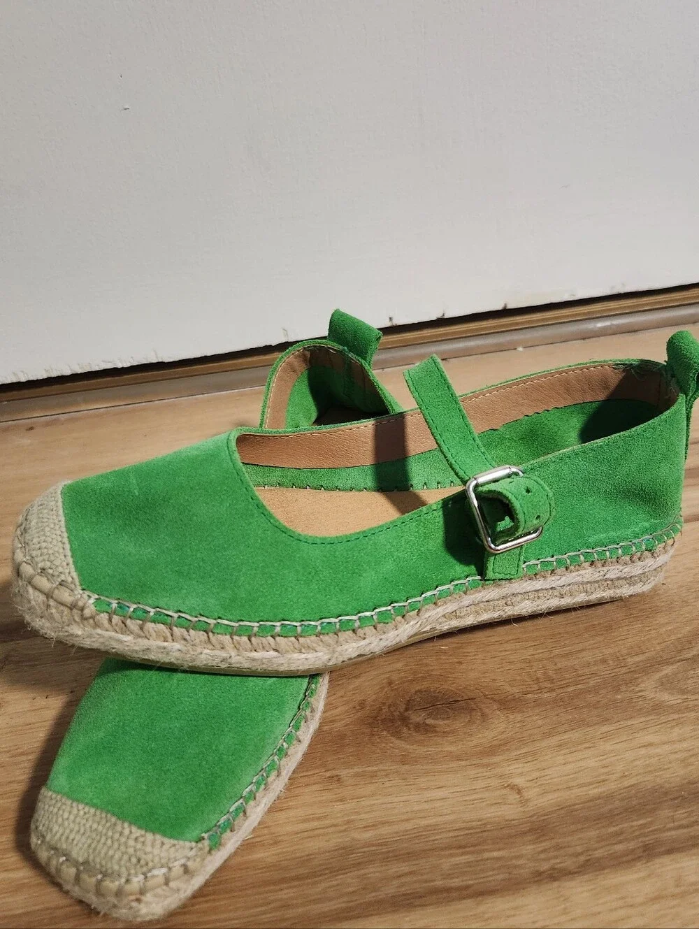 Fabiolas Green Suede Espadrille Mary Jane Flats